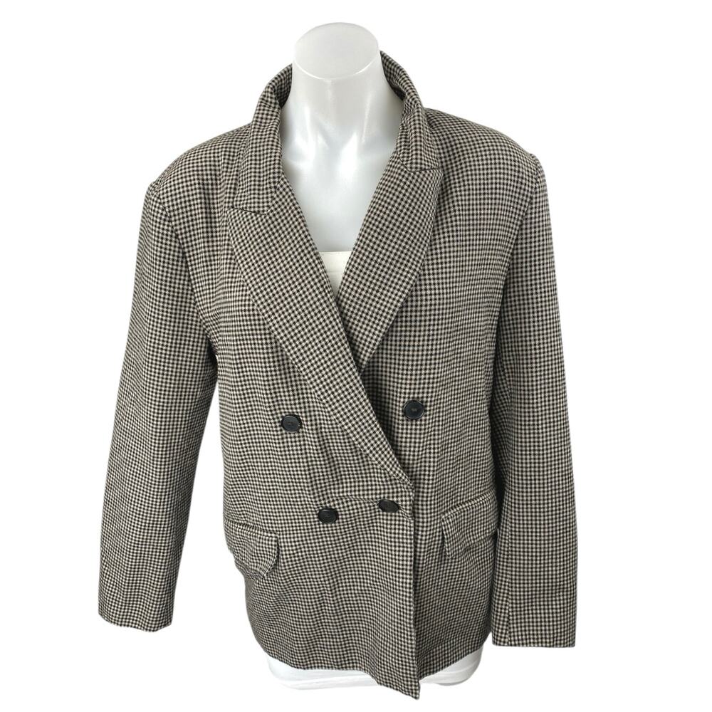 Zara Women's Black White Checkered Double Breasted Long Blazer Coat Jacket L